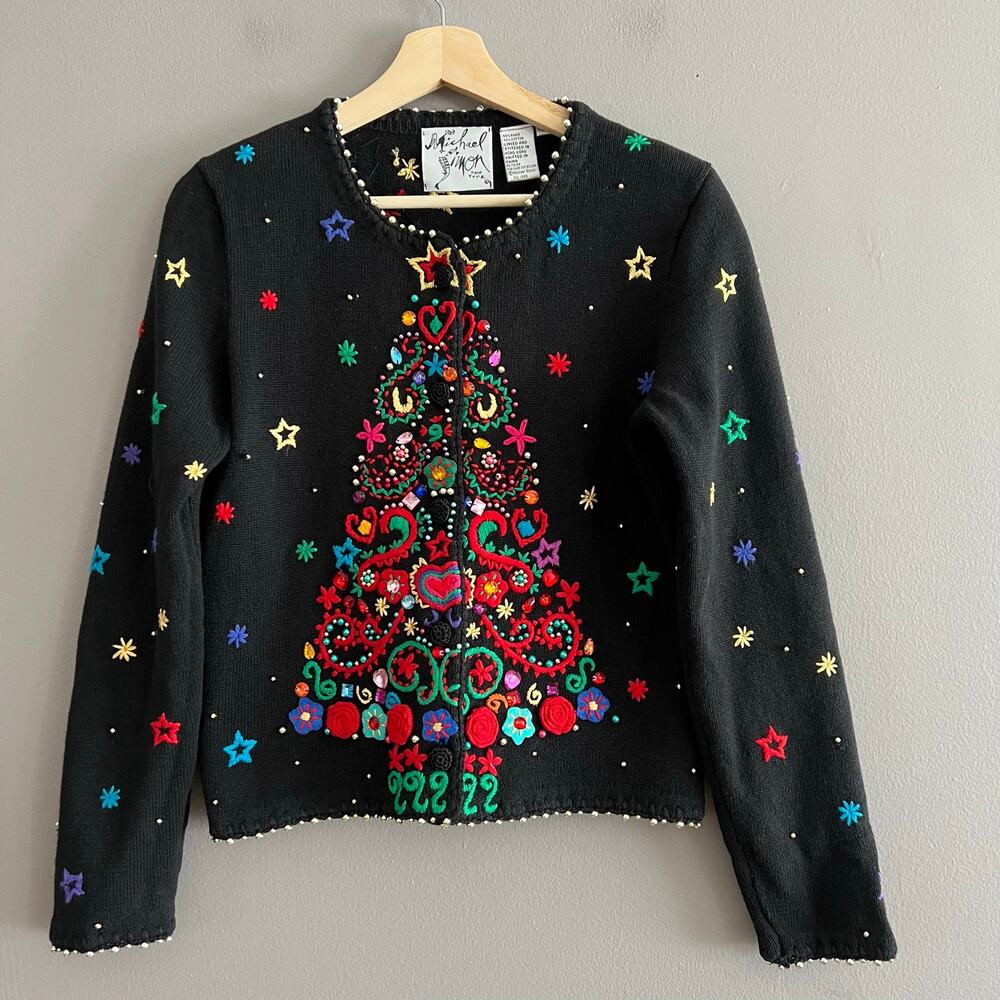 Vintage Michael Simon Christmas Tree Cardigan Sweater Black Beaded Small